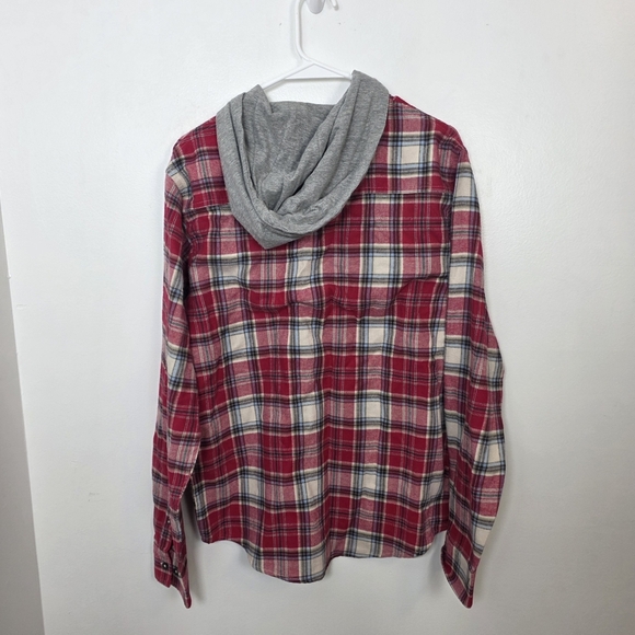 NEW RSQ Red Cream Plaid Button Up Hooded Outdoor Flannel Jacket Size Small - Picture 3 of 10